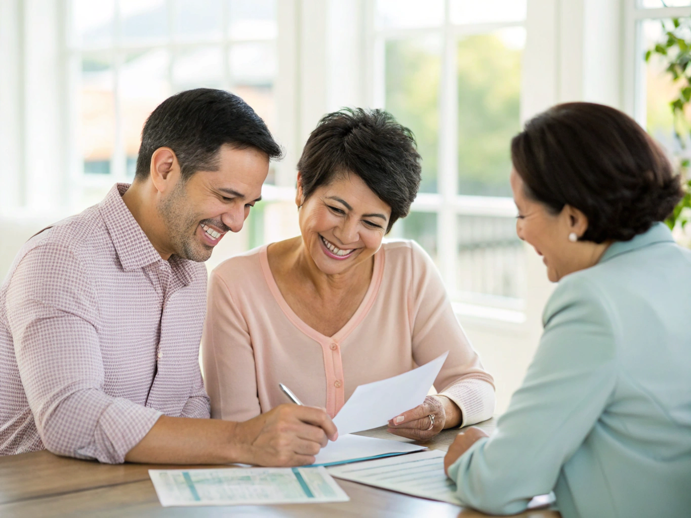 Licensed insurance professional discussing retirement planning options with a couple in a sunlit office